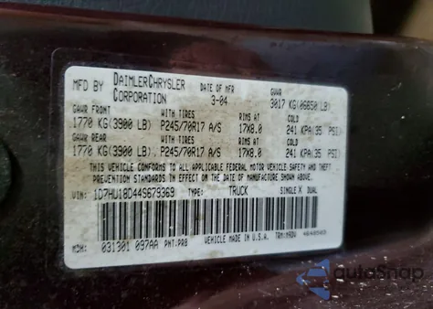 2004 Dodge Ram 1500 St из США, поврежденный, VIN 1D7HU18D44S679369